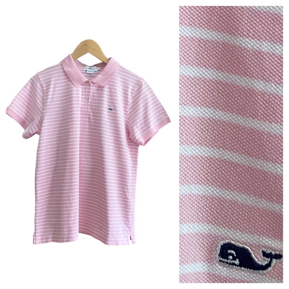 Vineyard Vine Pink White Striped Pique Short Sleeve Polo